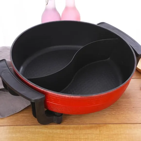 Yuanyang Hot Pot - Elektrisk hotpot-gryta - 6 L - 1300 W - Delad 2 smaker - Rostfritt stål - Röd