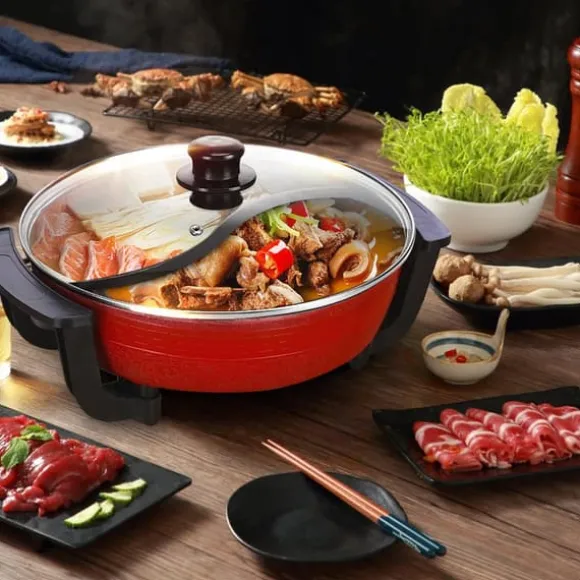 Yuanyang Hot Pot - Elektrisk hotpot-gryta - 6 L - 1300 W - Delad 2 smaker - Rostfritt stål - Röd