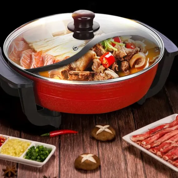 Yuanyang Hot Pot - Elektrisk hotpot-gryta - 6 L - 1300 W - Delad 2 smaker - Rostfritt stål - Röd