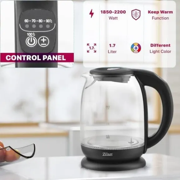 Zilan Vattenkokare i glas med digital skärm och LED, 1.7lt, 5 temperaturinställningar, 2200W